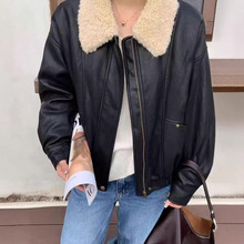 复古羊羔毛拼接加棉皮衣外套女欧货2025秋季新款韩版宽松百搭夹克