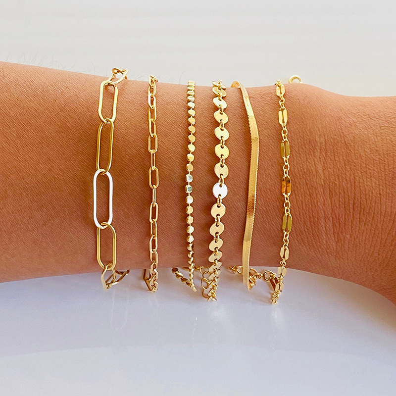 Cross-Border Women's simple bracelet simple gold herringbone, paper clip, rope box chain bracelet set