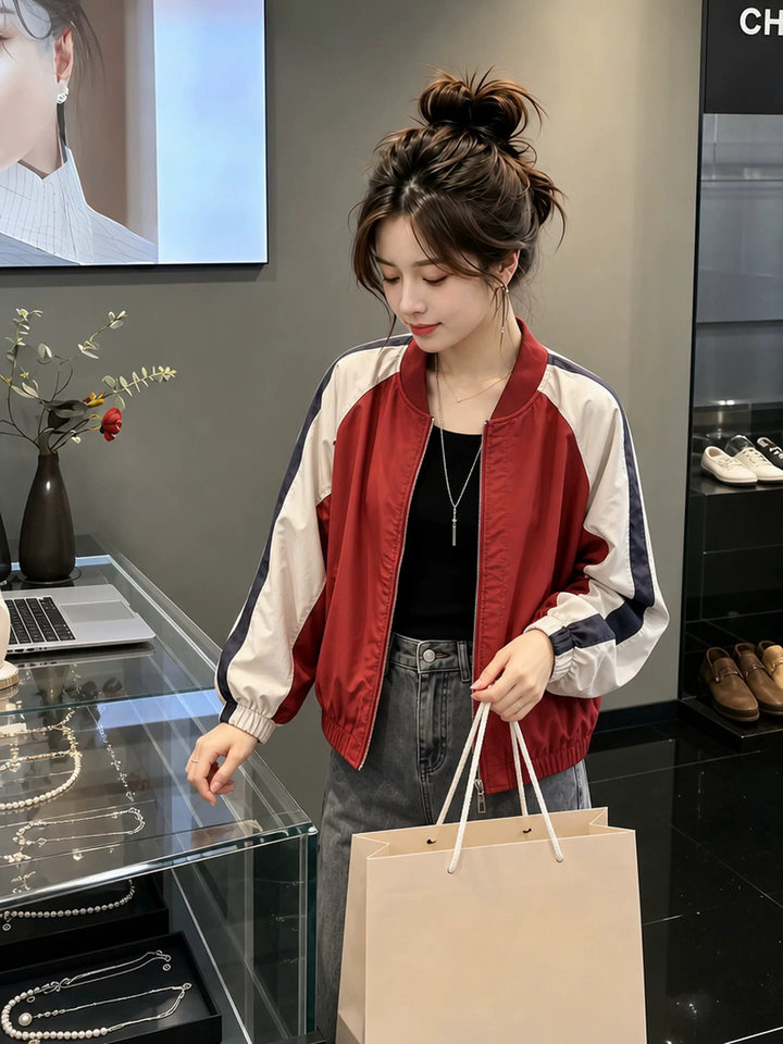 Áo khoác nữ cổ đứng dáng rộng phối màu kiểu áo bóng chày dài tay — Đỏ (viền dây rút) chi tiết 4