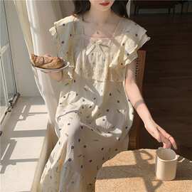 批发货源韩版甜美软棉双纱宽松舒适碎花公主风外穿家居服睡衣睡裙