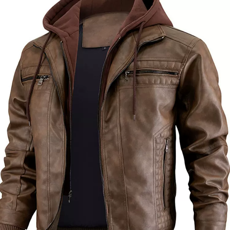 欧美跨境简约PU皮夹克亚马逊连帽夹克男士皮衣秋冬新款机车外套欧