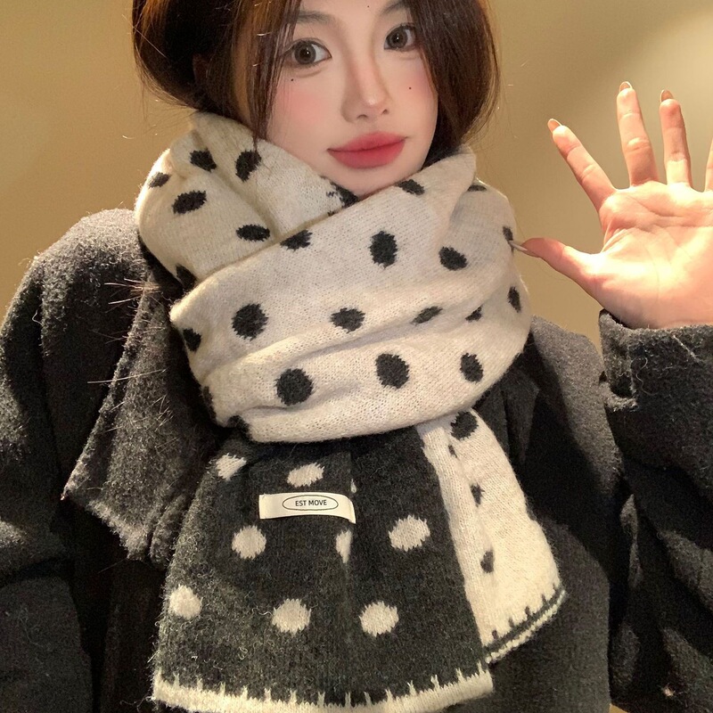 Versatile Polka Dot Plush Knitted Scarf for Women, Korean Autumn and Winter Retro Neck Scarf, Shawl, Double-Sided Warm Woolen Scarf Versatile Polka Dot Plush Knitted Scarf for Women, Korean Autumn and Winter Retro Neck Scarf, Shawl, Double-Sided Warm Woolen Scarf