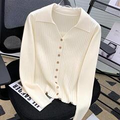 法式polo翻领坑条长袖针织开衫女秋冬季洋气修身显瘦毛衣外套上衣