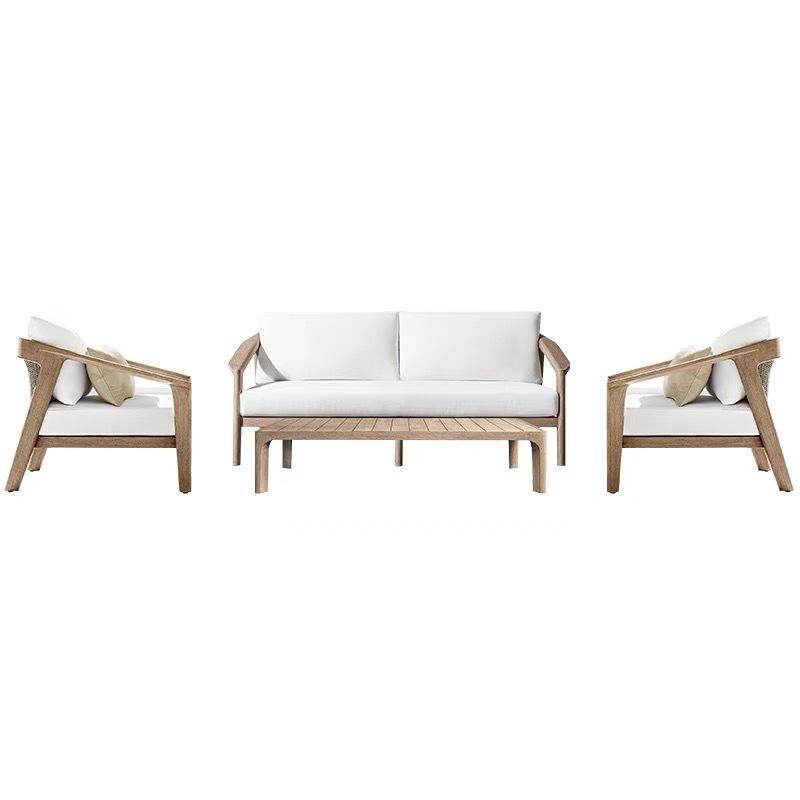 Sofá nórdico de teca al aire libre, sofá de patio al aire libre, impermeable y protector solar, sofá de ratán al aire libre, sofá de madera maciza
