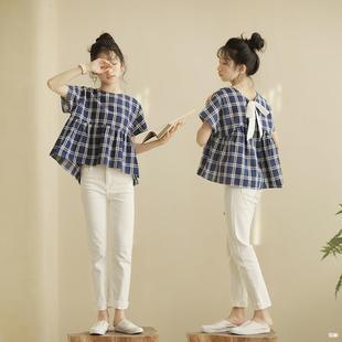 New Medium and Large Girls' Cotton Plaid Doll Shirts Japanese and Korean Short Thin Soft Girls' Tops Summer High-Quality Children's Clothing Cross-Border