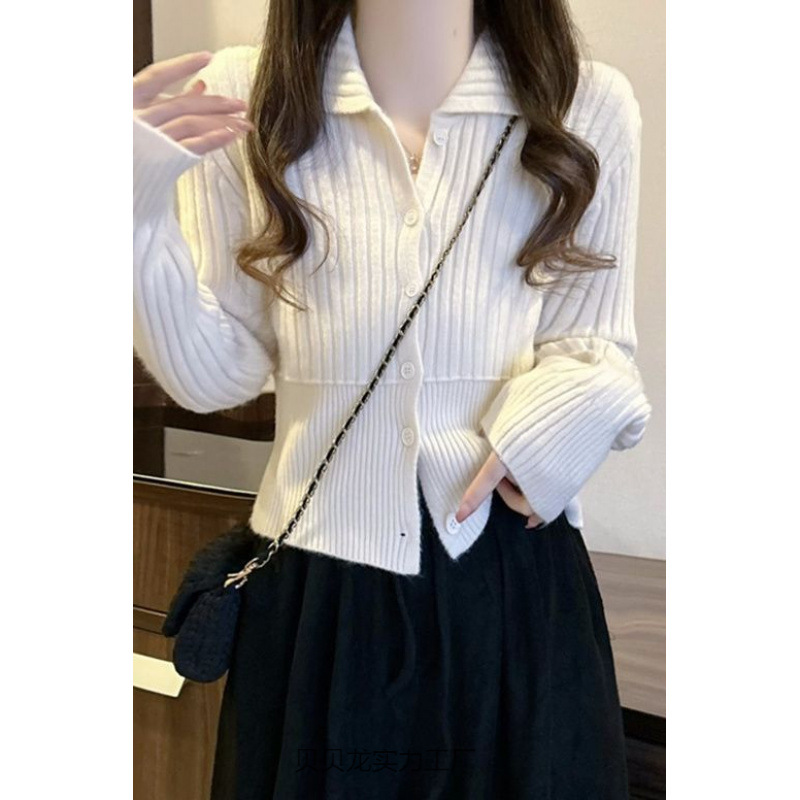 新款polo领短款坑条洋气修身显瘦毛衣针织开衫女外套韩版长袖外搭