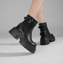 朋克风～潮酷马丁靴女2025年新款厚底百搭铆钉皮带扣时装靴短靴女