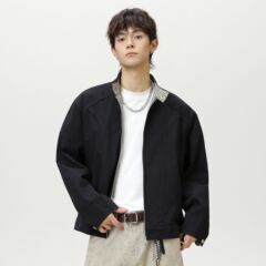 复古格纹哈灵顿夹克男秋季新款拼接设计立领宽松短宽廓形潮牌外套