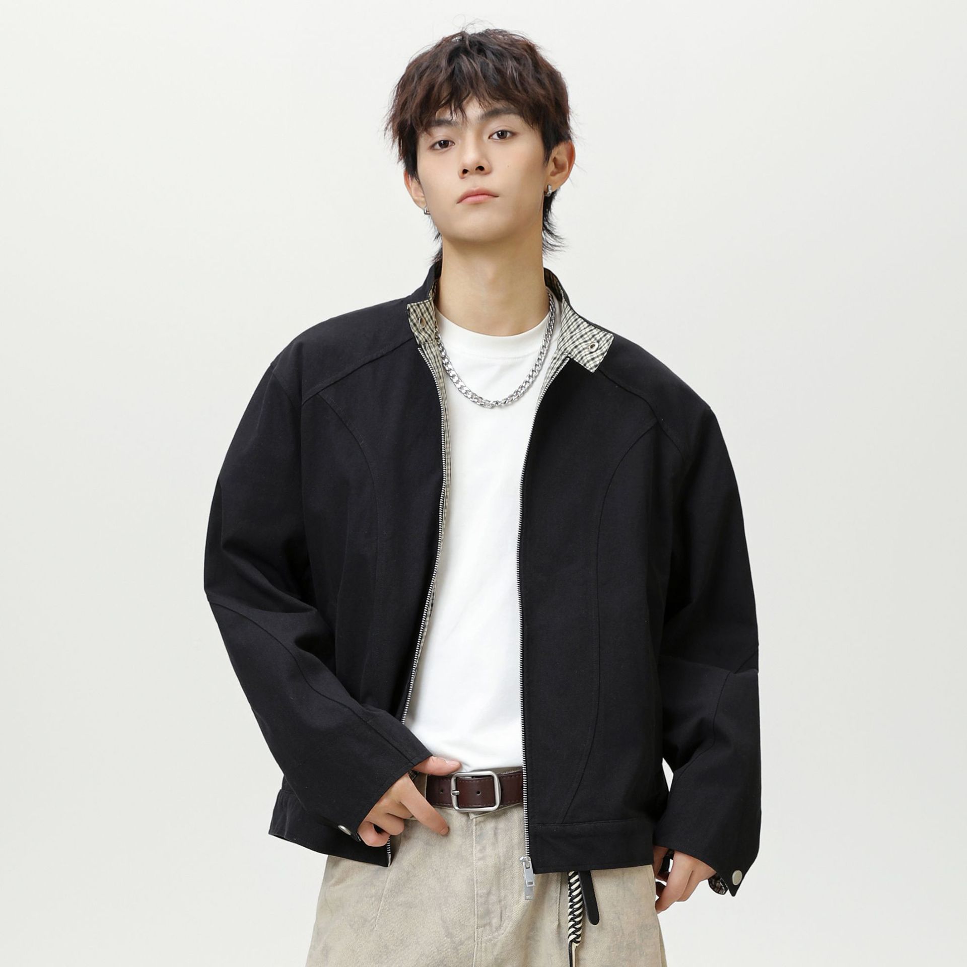 复古格纹哈灵顿夹克秋季新款拼接设计立领宽松短宽廓形潮牌外套q