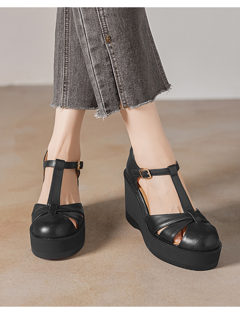 Sandal nữ cao gót đế dày 9.5 cm quai ngang khóa T — đen chi tiết 1