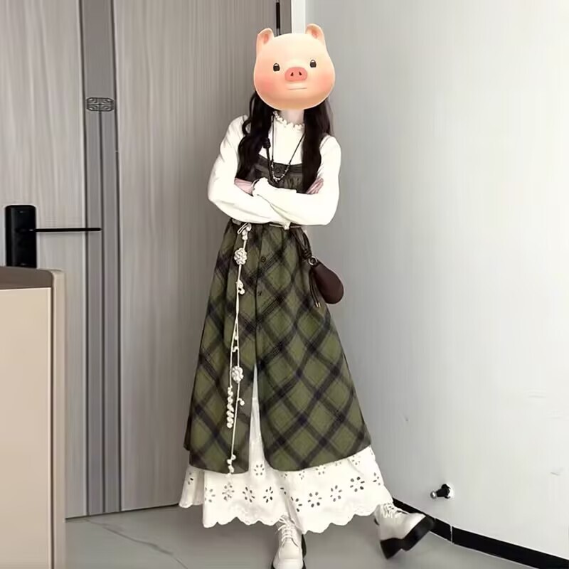 日系绿色长袖背带连衣裙套装2025秋季新款森女减龄甜美气质长裙子|undefined