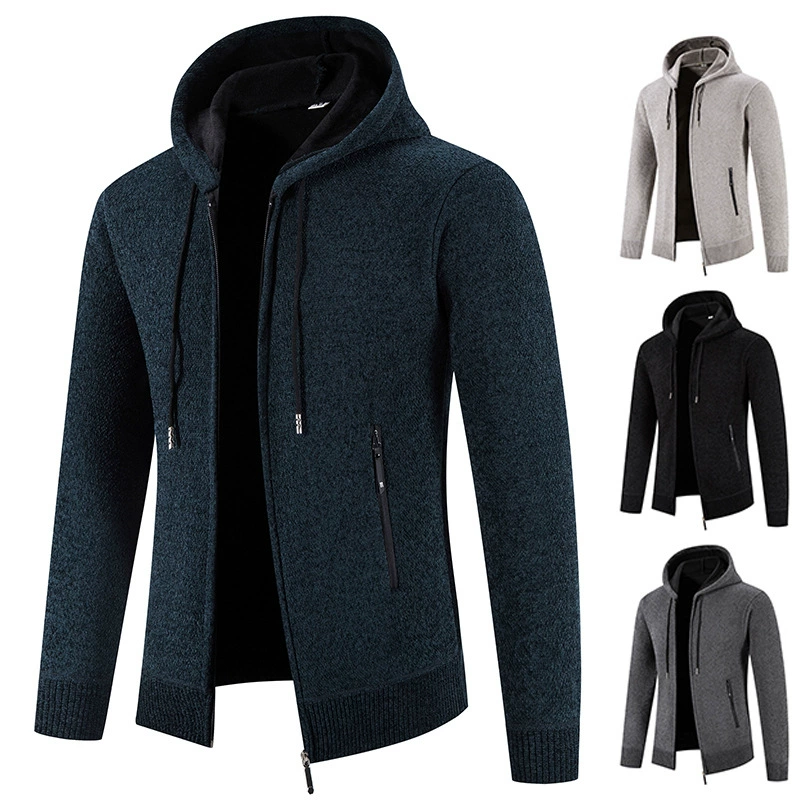 Осенне-зимний бархатный трикотаж Amazon с капюшоном, Мужской Свободный Повседневный теплый свитер с карманом на молнии и флисовой подкладкой