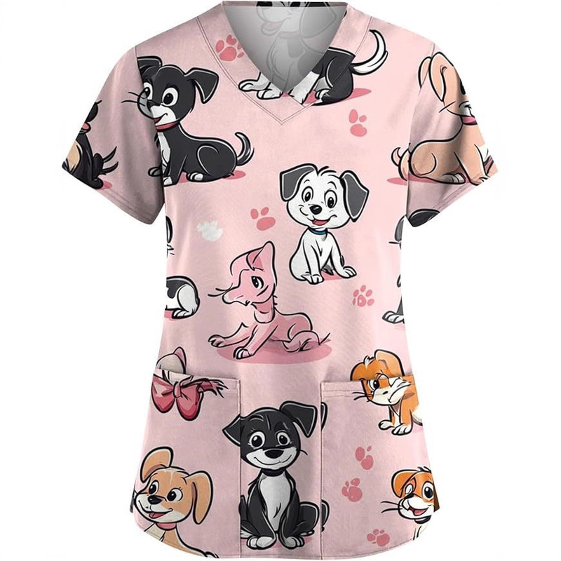 Women's Animal Print Top Short Sleeve Cartoon Pattern V Neck T-Shirt Nurse Clothes