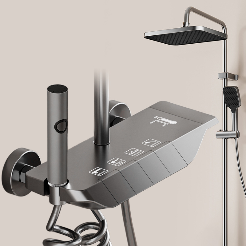 Fábrica transfronteriza ABS pistola gris 4 función presurizada calentamiento frío pantalla digital atmósfera lámpara ducha fuente de baño doméstico al por mayor