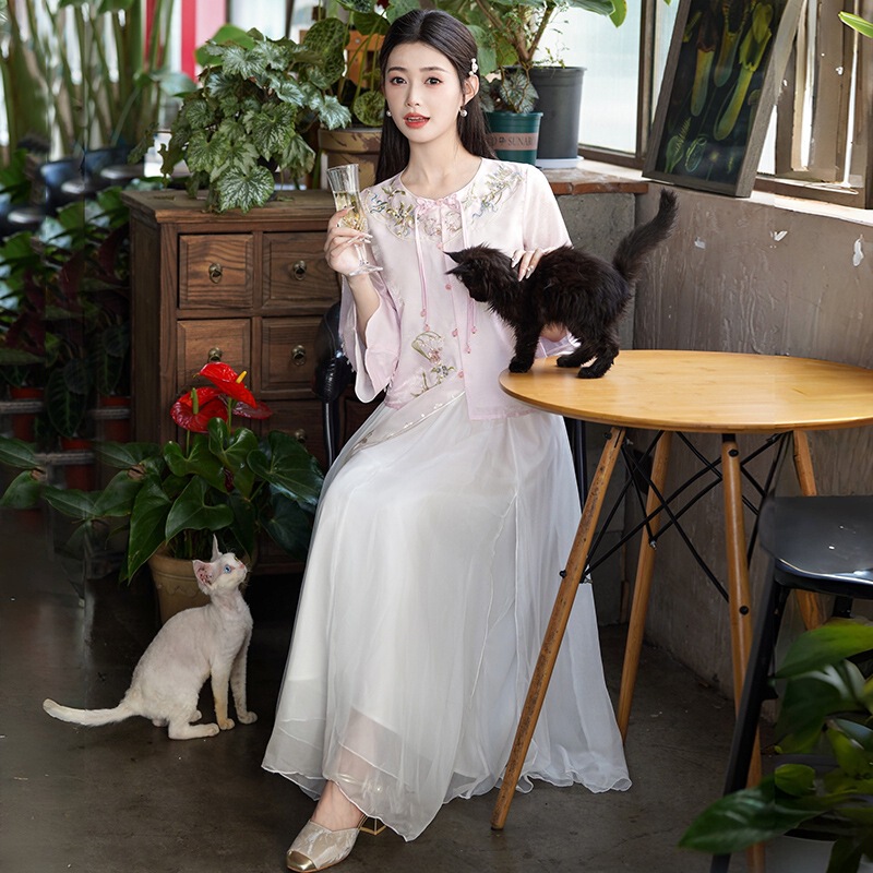 实拍新中式汉服立领重工刺绣花边袖盘扣上衣搭配提花半身裙套装|undefined