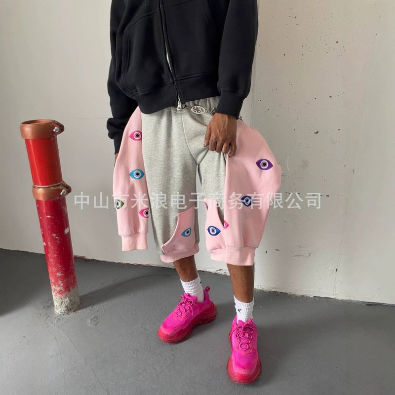 American-style design, irregular and unique loose straight-leg shorts with embroidery, unisex, niche hip-hop style casual shorts American-style design, irregular and unique loose straight-leg shorts with embroidery, unisex, niche hip-hop style casual shorts