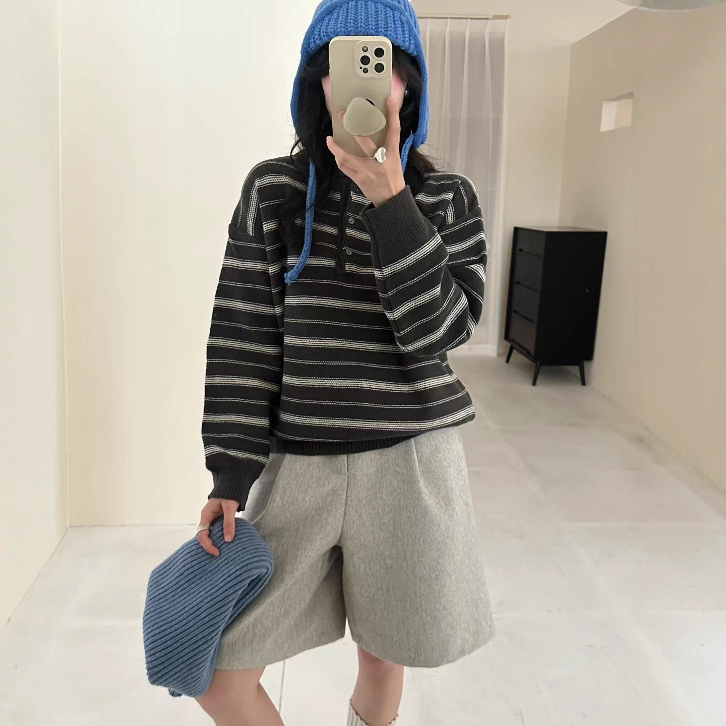 韩系复古条纹翻领毛衣女秋冬宽松慵懒风套头polo领针织衫内搭上衣