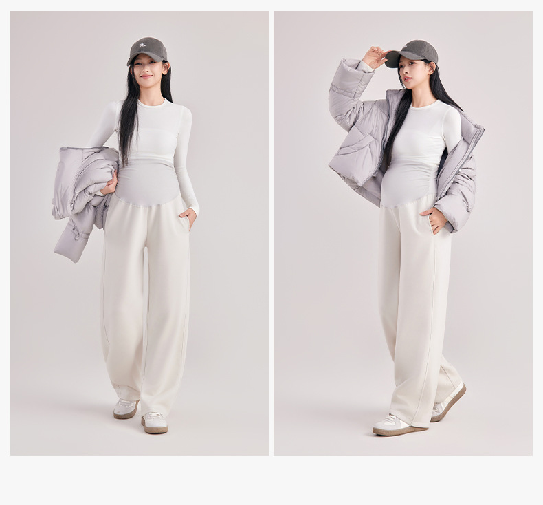 Umstandshosen für Herbst und Winter, hoch geschnitten, mit weitem Bein, gerade geschnitten, dick und warm, für schwangere Frauen, Freizeit-Hosen. – Detail 8
