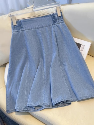 Light Blue Denim Skirt Women's Summer New Elastic High-Waisted Slimming Spring and Autumn Loose Umbrella Skirt