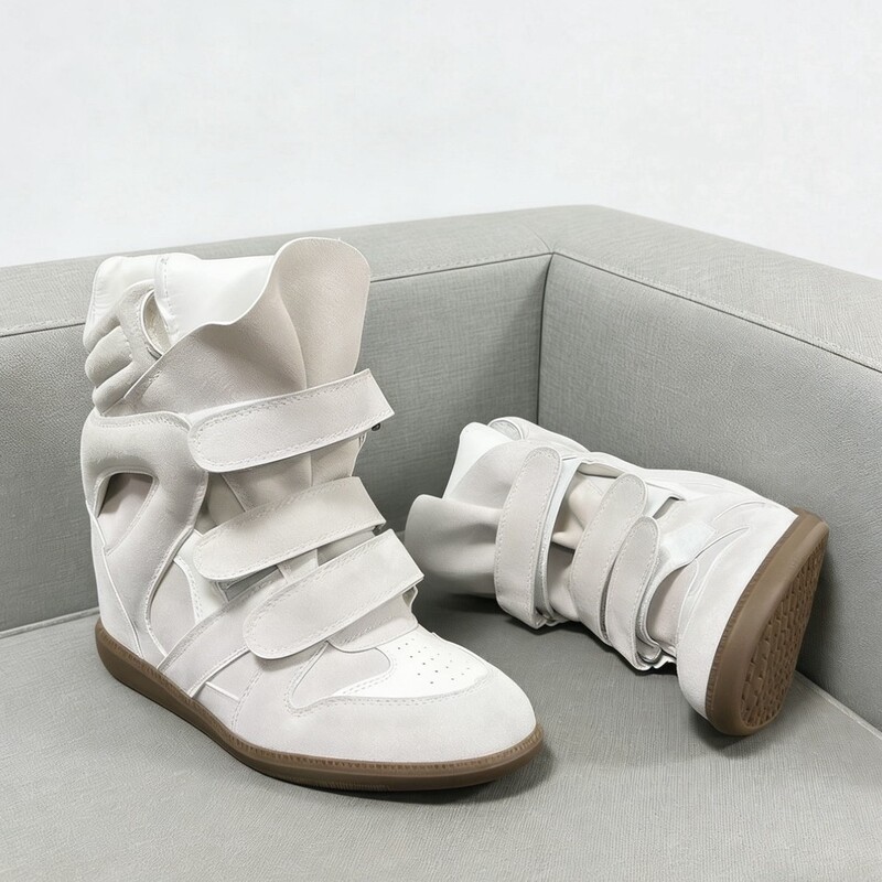 Foreign Version European and American Style Velcro Invisible Height-Increasing Women's Shoes Wedge Heel Color-Blocking Sports Casual Shoes Genuine Leather High-Top Shoes