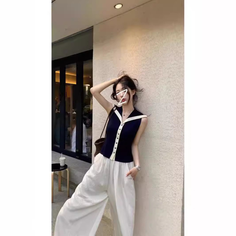 Korean-style Colored Navy Collar Knitted Sleeveless T-shirt Women's Summer Pure Desire Sweet Design Sense Slim-fit Short Top