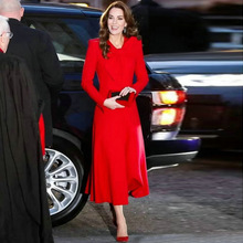 歐洲站2022年明星凱特王妃同款氣質大衣高端女裝紅色喜慶長款外套