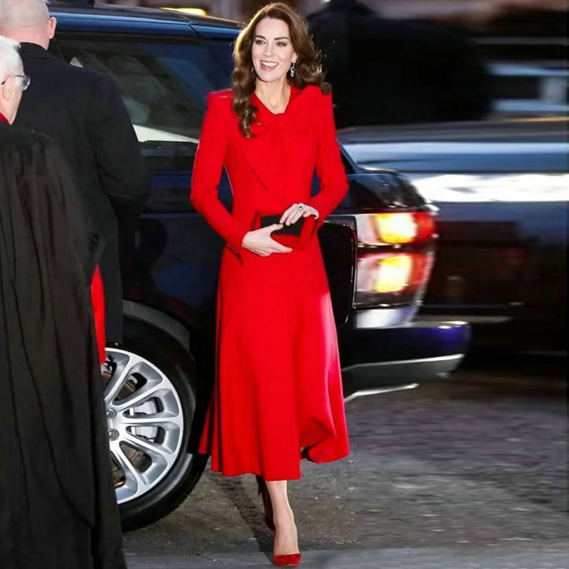 欧洲站2022年明星凯特王妃同款气质大衣高端女装红色喜庆长款外套