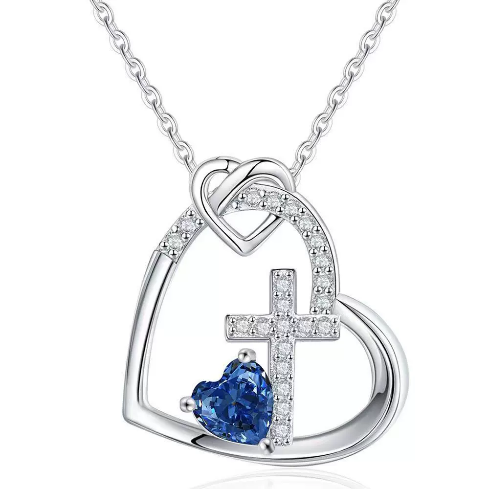 跨境新款爱心十字架吊坠欧美时尚心形诞生石项链饰品节日礼物