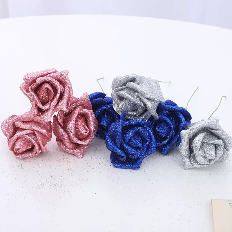 仿真花蓝色妖姬金粉水晶玫瑰花头pe泡沫花干花diy包装材料批发假