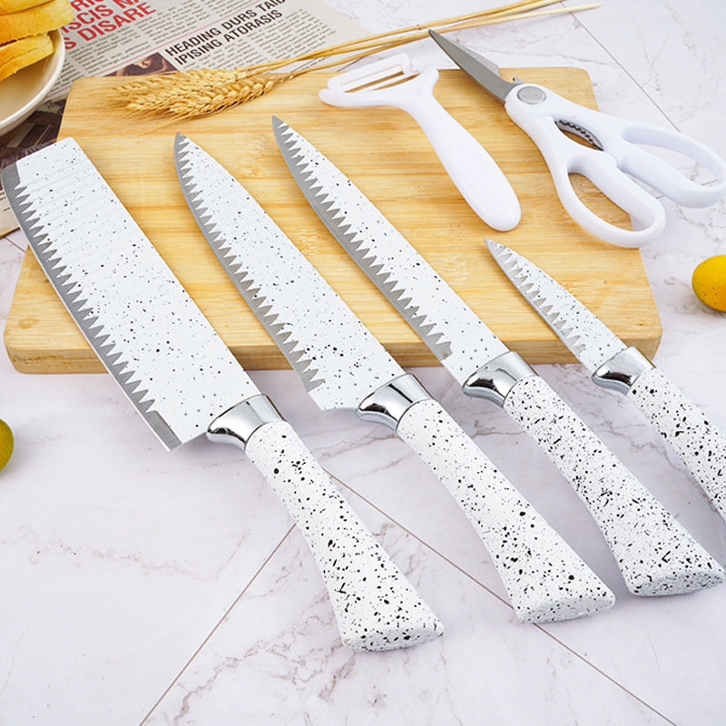 En stock fábrica nuevo mango de herradura spot patrón de onda cocina seis piezas de acero inoxidable cuchillo de pintura en aerosol traje de cuchillo