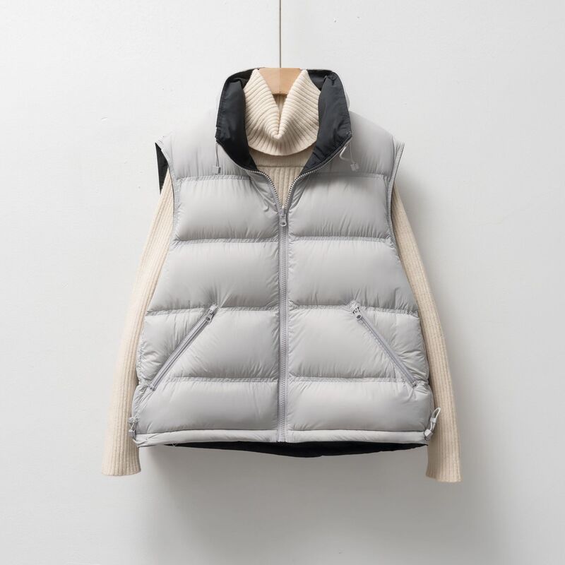 Pinghu Chixin 90% down New National Standard Double-Sided down Vest for Women, Short Style with Pockets, Zipper, Stand Collar, Vest Jacket