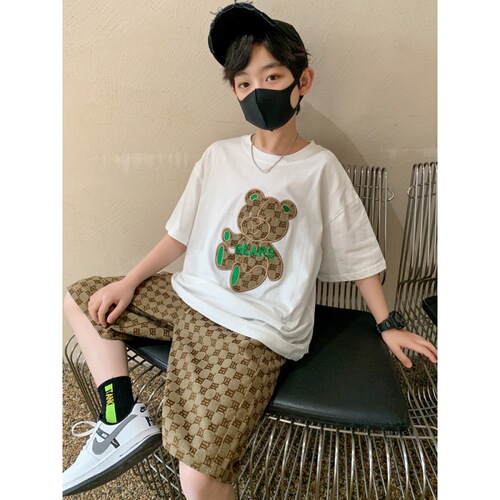 Children's bear short-sleeved suit summer  new boys and girls handsome clothes trendy shorts two-piece set children's clothing trendy