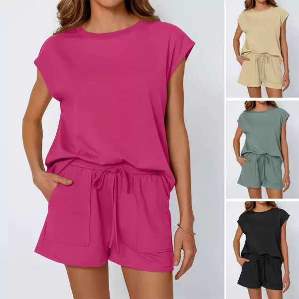 2026 Spring/Summer Amazon European and American Cross-Border Foreign Trade New Spring/Summer Round-Neck Loose Short-Sleeve Two-Piece Set for Women