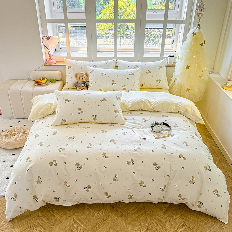 Algodón de cuatro piezas de ropa de cama de algodón 2025, nuevo edredón de flores frescas, sábanas de dormitorio de tres piezas de cuatro estaciones