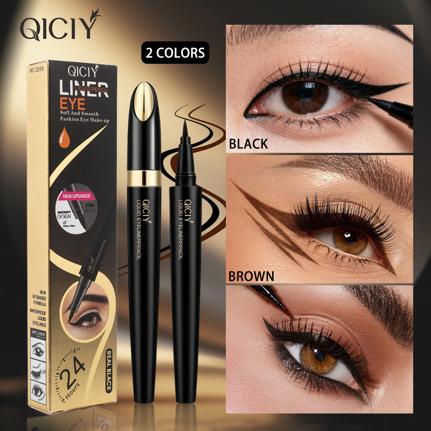Exclusive for cross-border sales: QICIY black gold fine-tip liquid eyeliner pen, one-stroke application, quick-drying, waterproof, smooth and long-lasting eyeliner