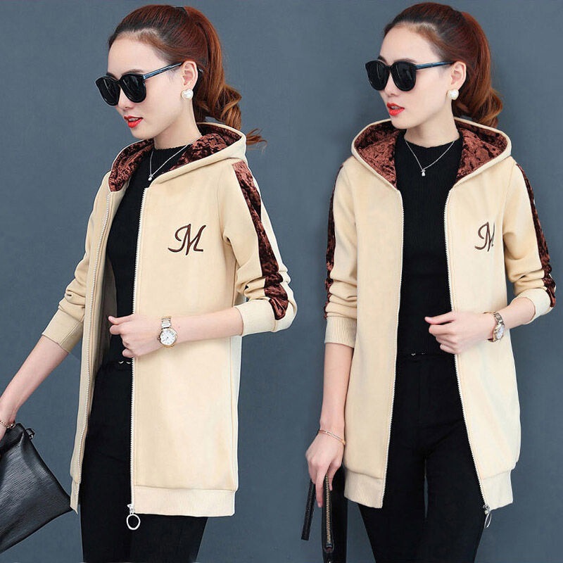 New autumn and winter fleece-lined thickened hooded mid-length sweatshirt jacket for female students, Korean style loose cardigan top for women New autumn and winter fleece-lined thickened hooded mid-length sweatshirt jacket for female students, Korean style loose cardigan top for women