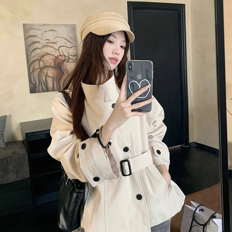 韩系小众慵懒气质短款风衣外套女2025秋季新款英伦风立领收腰上衣|undefined