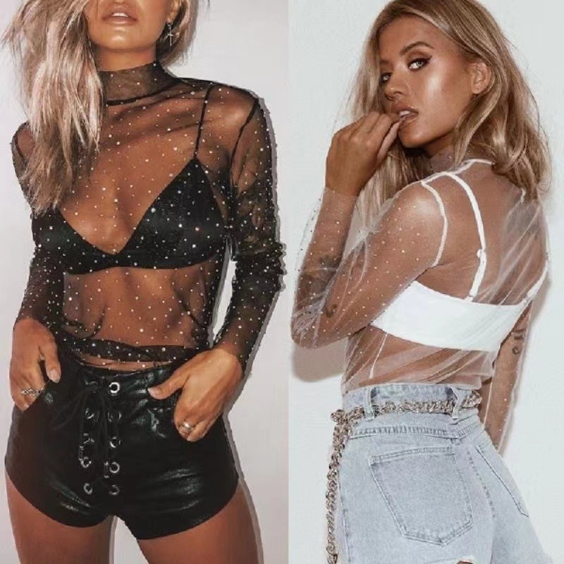 Women's Transparent Lace Mesh Top With Sequins See Through Stylish Layering Trendy Base Layer Top_ecoleips.com