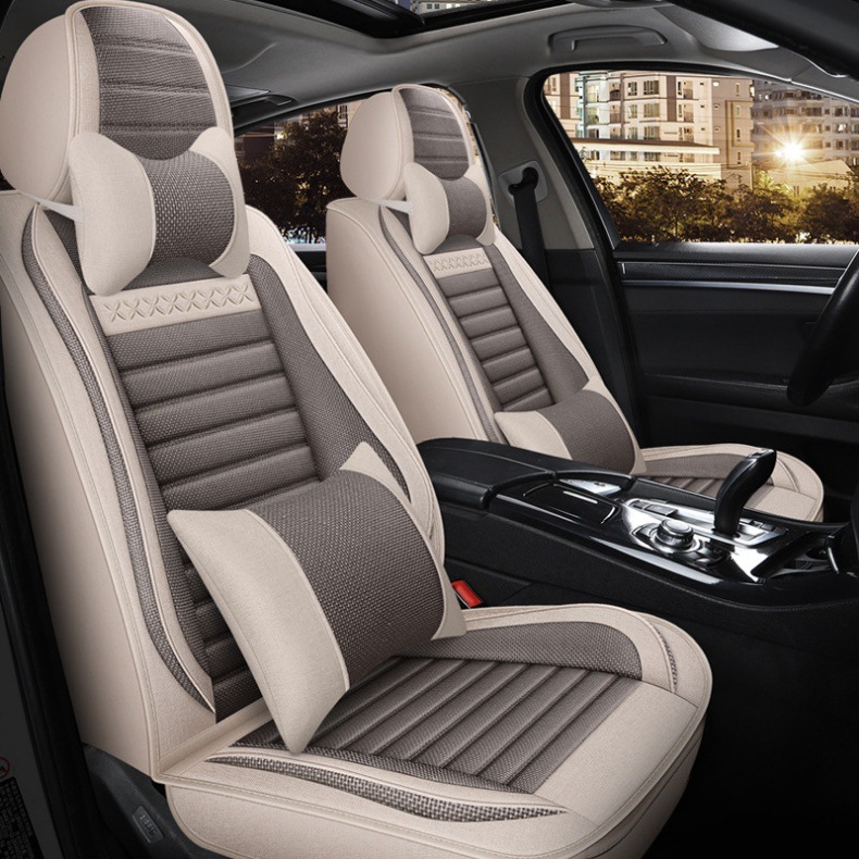 Five-Seater Fully Enclosed Four-Season Universal Car Seat Cushion Cover Pu Seat Cover Linen Seat Cover Fabric Seat Cushion Breathable Seat Cover