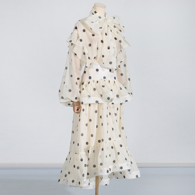 Australian Show Polka Dot Set Women Trendy Scarf Collar Ruffled Shirt Top Long Skirt Sets