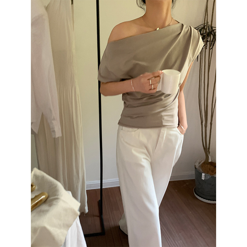 Love and Nancy Thirteen Lines 2026 Summer Asymmetrical Shoulder Three-Dimensional Ruched Slim Fit Design Short Sleeve T-Shirt for Women 21140