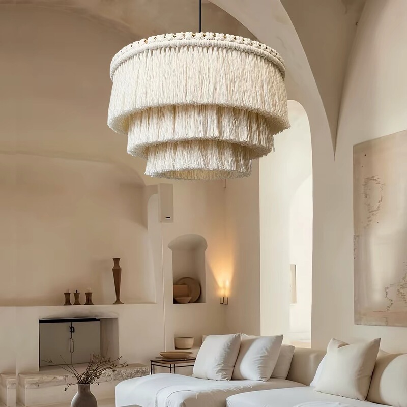 Bohemian Wabi-Sabi Style Chandelier Nordic Modern Bedroom Study Handmade Tassel Cotton Rope Romantic Decorative Living Room Lamp