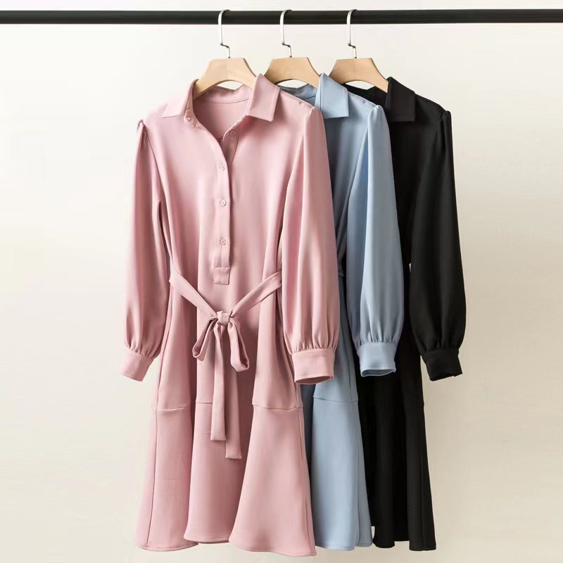 Autumn and Winter New Acetate Blended Splicing Candy-Colored Shirt Dress Long-Sleeved Fashionable Casual Style High-End Skirt