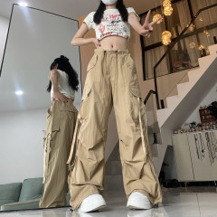 アメリカンスタイルのワークパンツ レディース 春夏新作 ゆったりデザイン ドローストリング付き ストレート ワイドレッグパンツ トレンド カジュアル