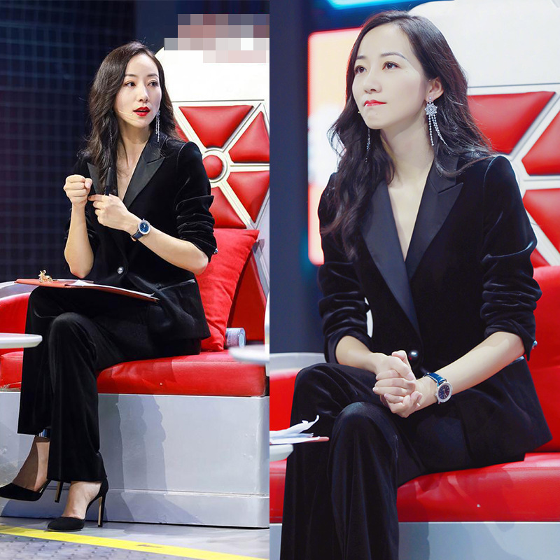 Trendy Black Suit with a Fashionable and Professional High-End Feminine Vibe, Velvet Suit Set for Women, Long-Sleeved for Spring and Autumn