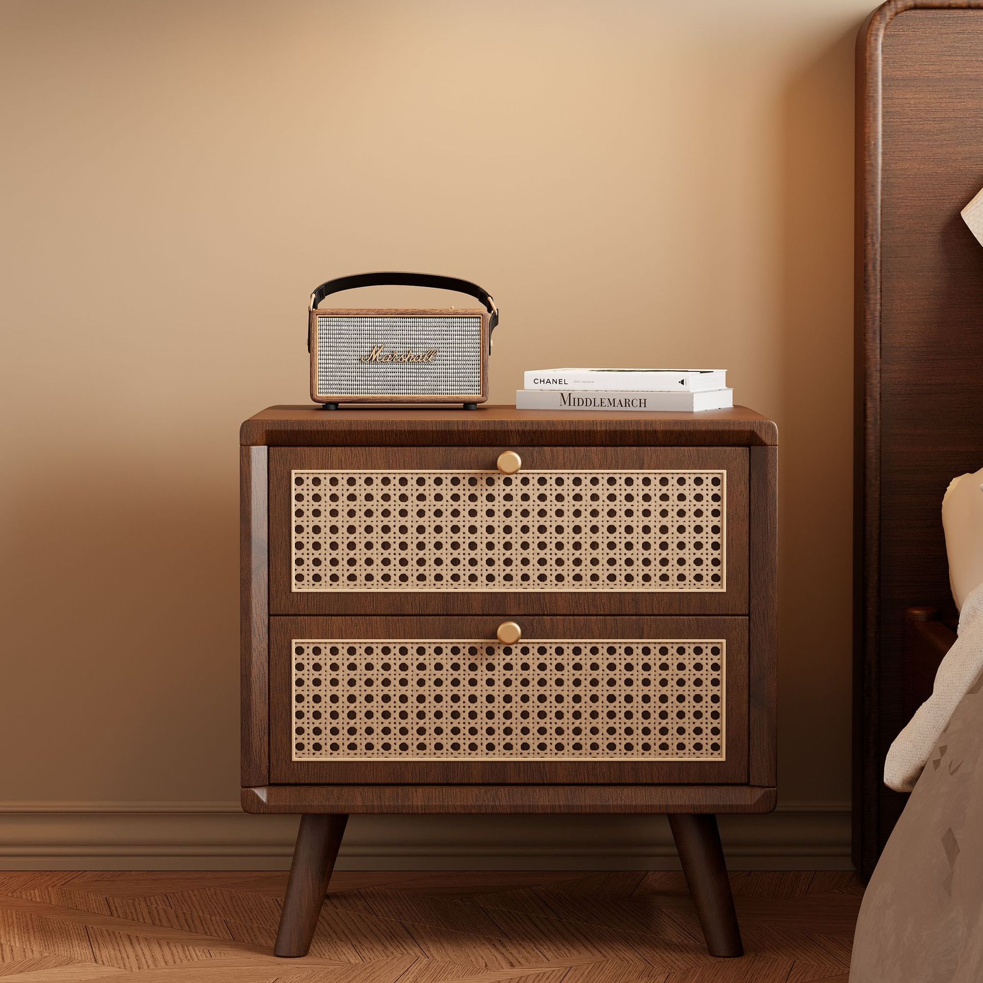 Rattan Bedside Table Solid Wood Nordic French Antique Japanese Style B&B Drawer Storage Cabinet Internet Celebrity High-Value Furniture