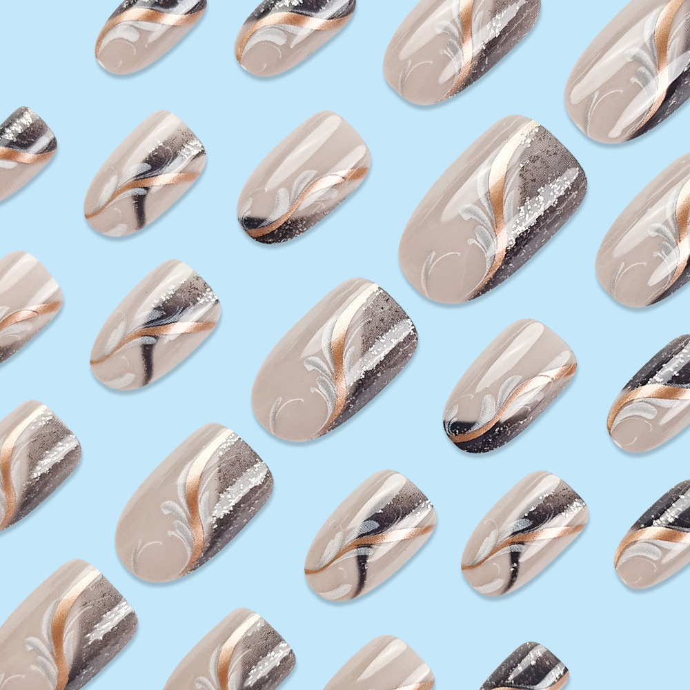 24 piezas de armadura de base de color nude, líneas de color marrón dorado entrelazadas, uñas de hadas, pegatinas de uñas de brillo de venta caliente transfronterizas image 4