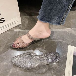 Summer New Style Sandals and Slippers Women's Outer Wear Pointed Mid-Heel Fashionable Casual Work All-match Wedge Non-slip Half Slippers