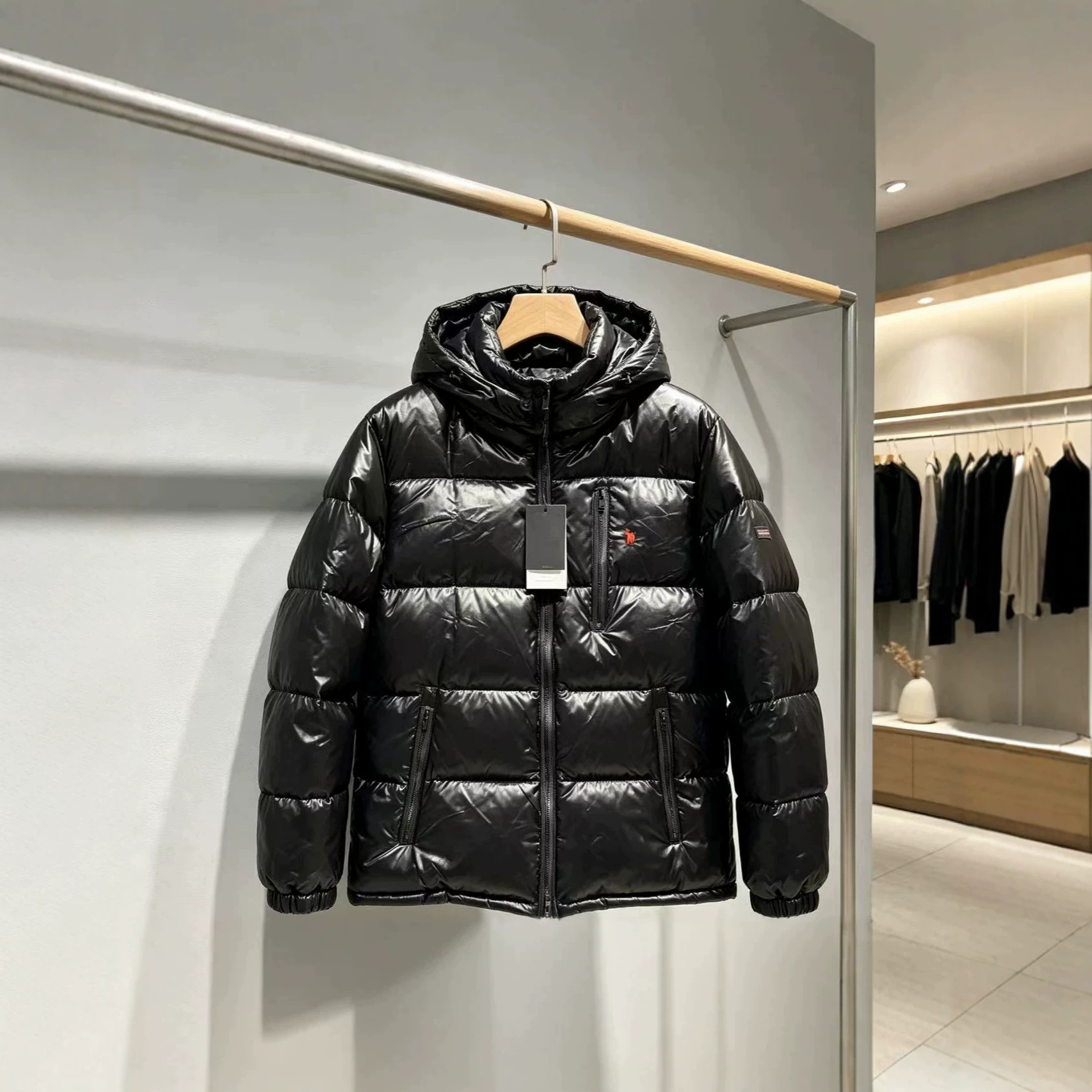 Cross-border foreign trade Ralph RL embroidered glossy hooded European size windproof and waterproof men's jacket glossy down jacket