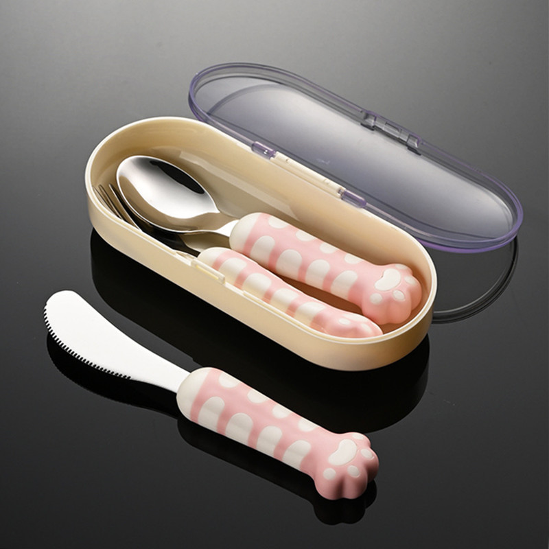 Children's Tableware 304 Stainless Steel Fork and Spoon Baby Eating Training Spoon Portable Storage Box Cartoon Cat Claw Fork and Spoon